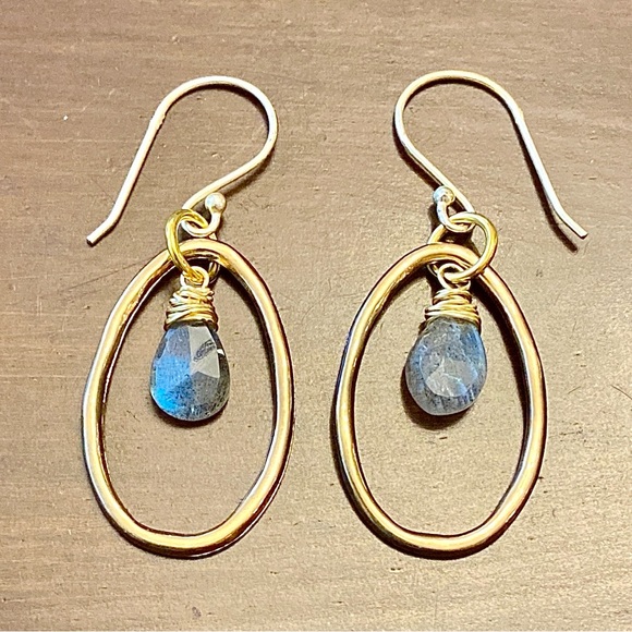 Earrings - Gold Oval with Single Drop Stone Inside - Rainbow Moonstone - NWOT - Picture 3 of 3